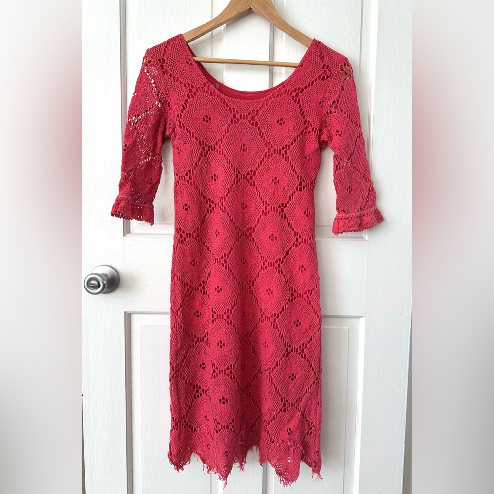 Sara Campbell Bright Coral Crochet Midi Dress Boho Size M